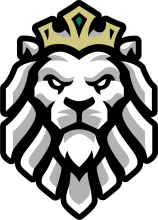 A black and white lion with a gold crown with a green gem inserted