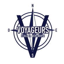 Capital V with name VOYAGEURS on compass