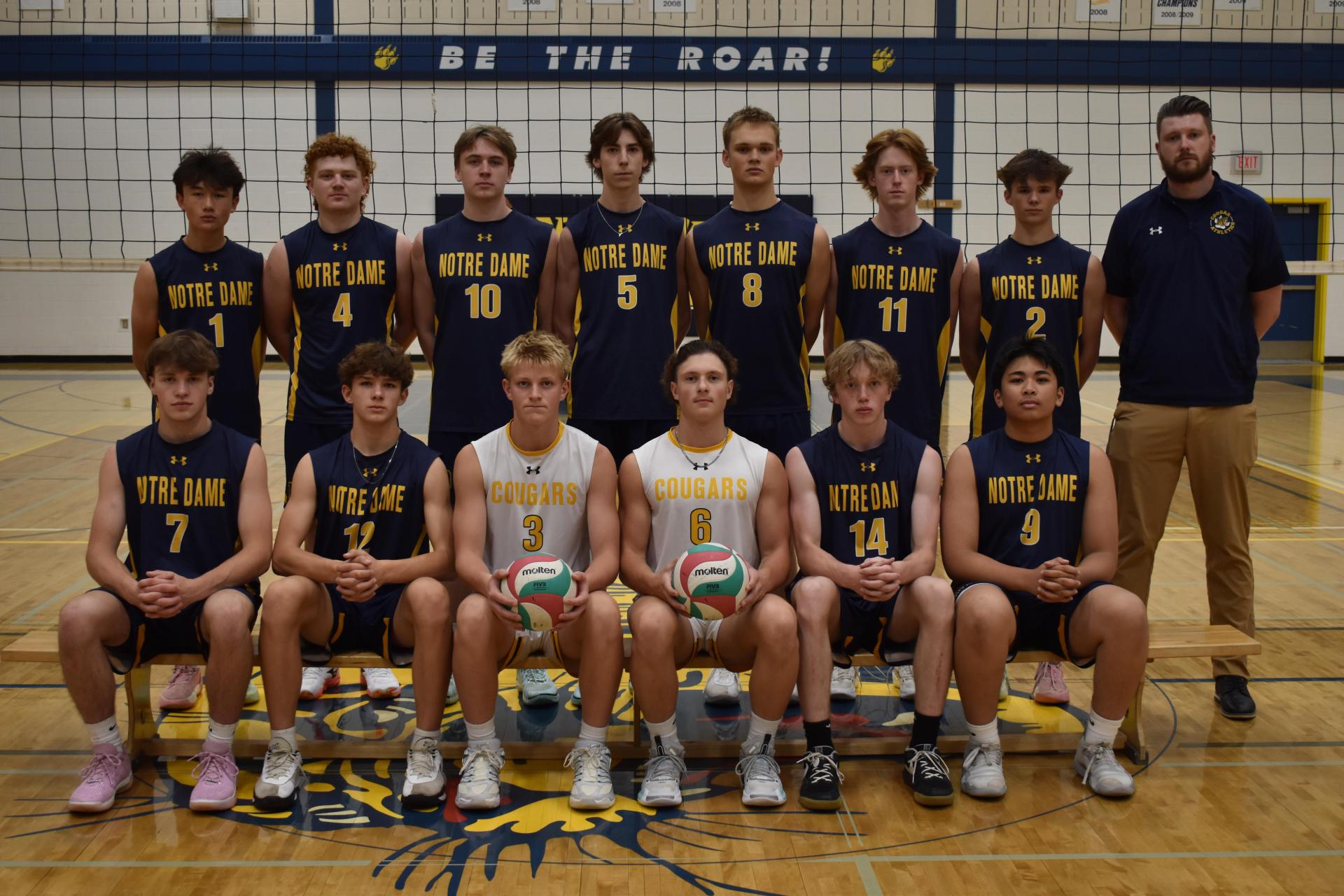 Notre Dame (Red Deer) Team History: Notre Dame Sr Boys Volleyball team has had a strong season through the combination of confident Grade 10 rookies and capable graduating Grade 12s. A Bronze Medal at the RDP Fall Classic and a Silver in the Central Zone Finals helped Notre Dame qualify for Provincials.